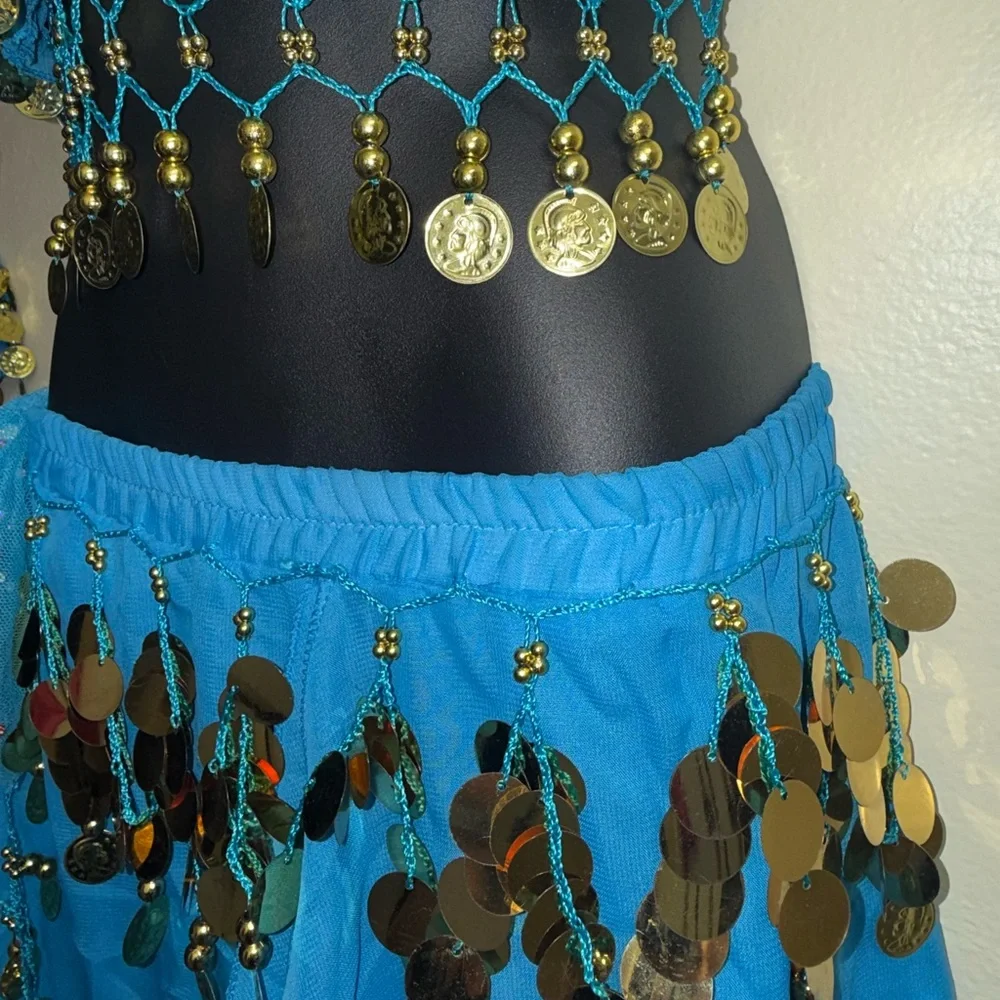 Girls Belly‎ Dance Costume Youth 10-12 Turquoise Coin Bra Skirt Set Cabaret